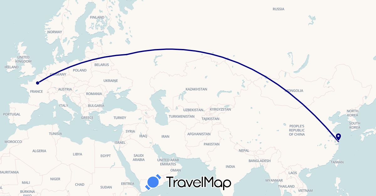 TravelMap itinerary: driving in China, France, Russia (Asia, Europe)